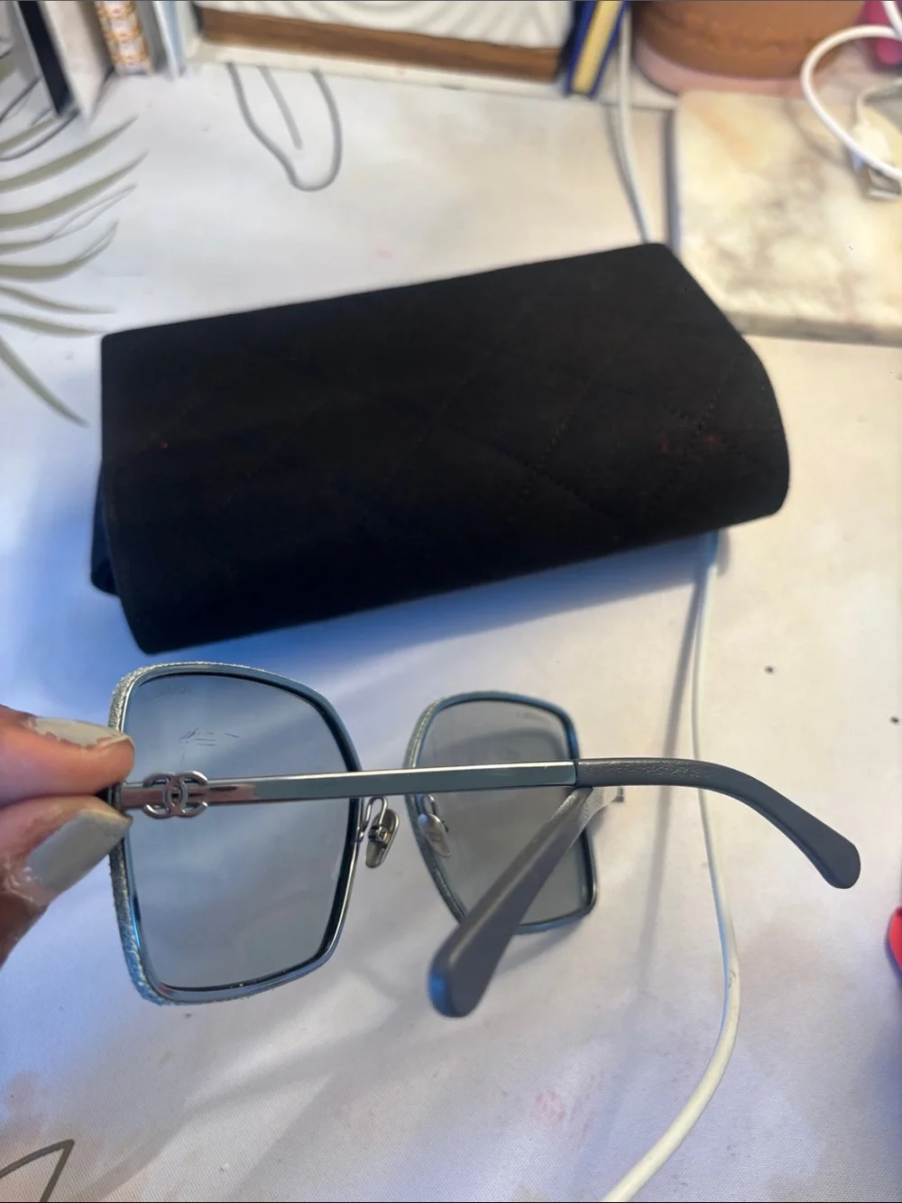 AUTHENTIC CHANEL Metal Oversized Square Sunglasses with Gray-Blue Lenses
